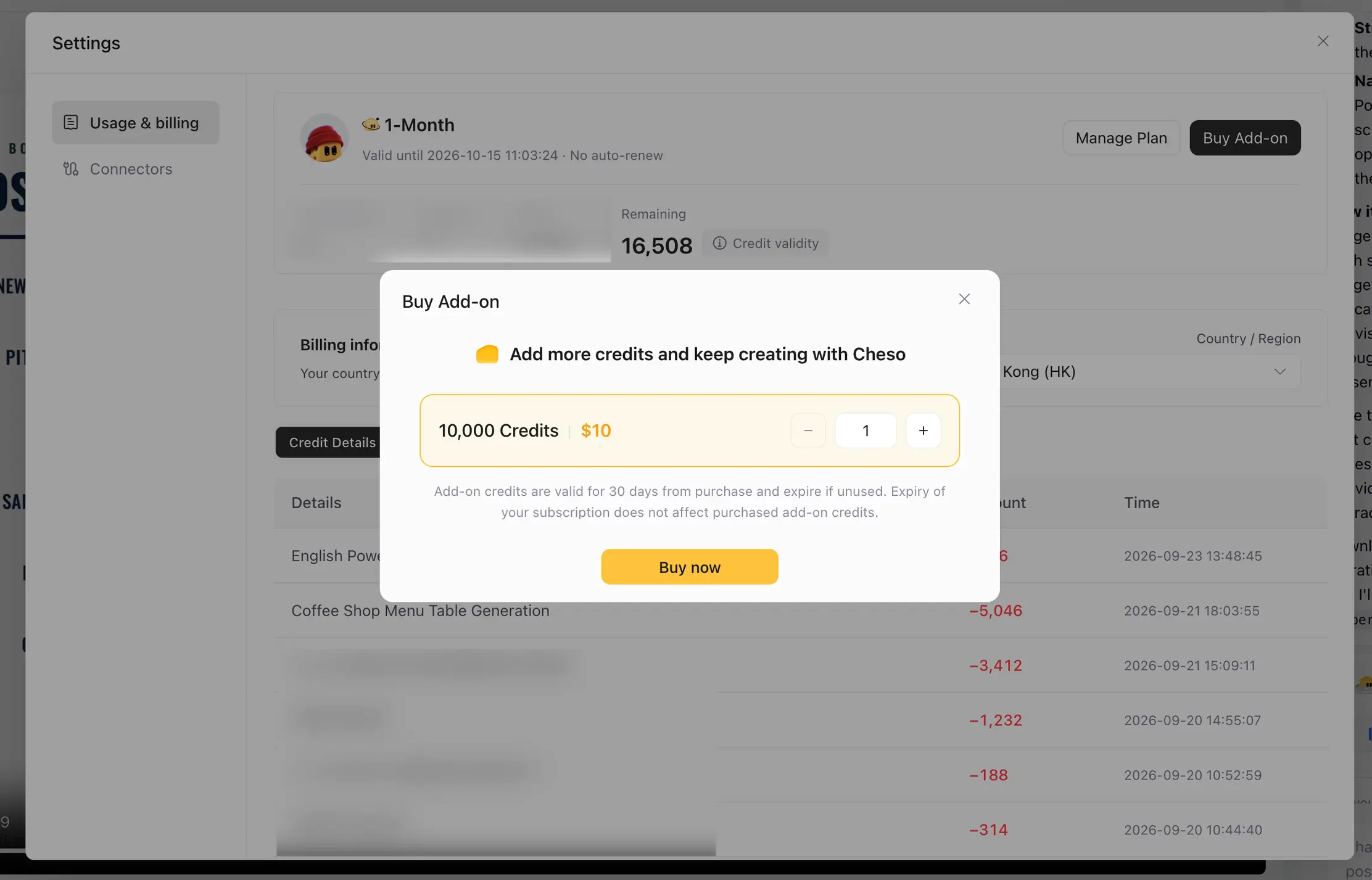 The Buy Add-on dialog in Cheso, offering 10,000 credits for $10 and showing the credit-validity terms.