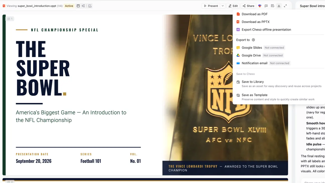 Cheso's export menu showing PDF, PPTX, offline presentation, Google Slides, Google Drive, and notification email options.