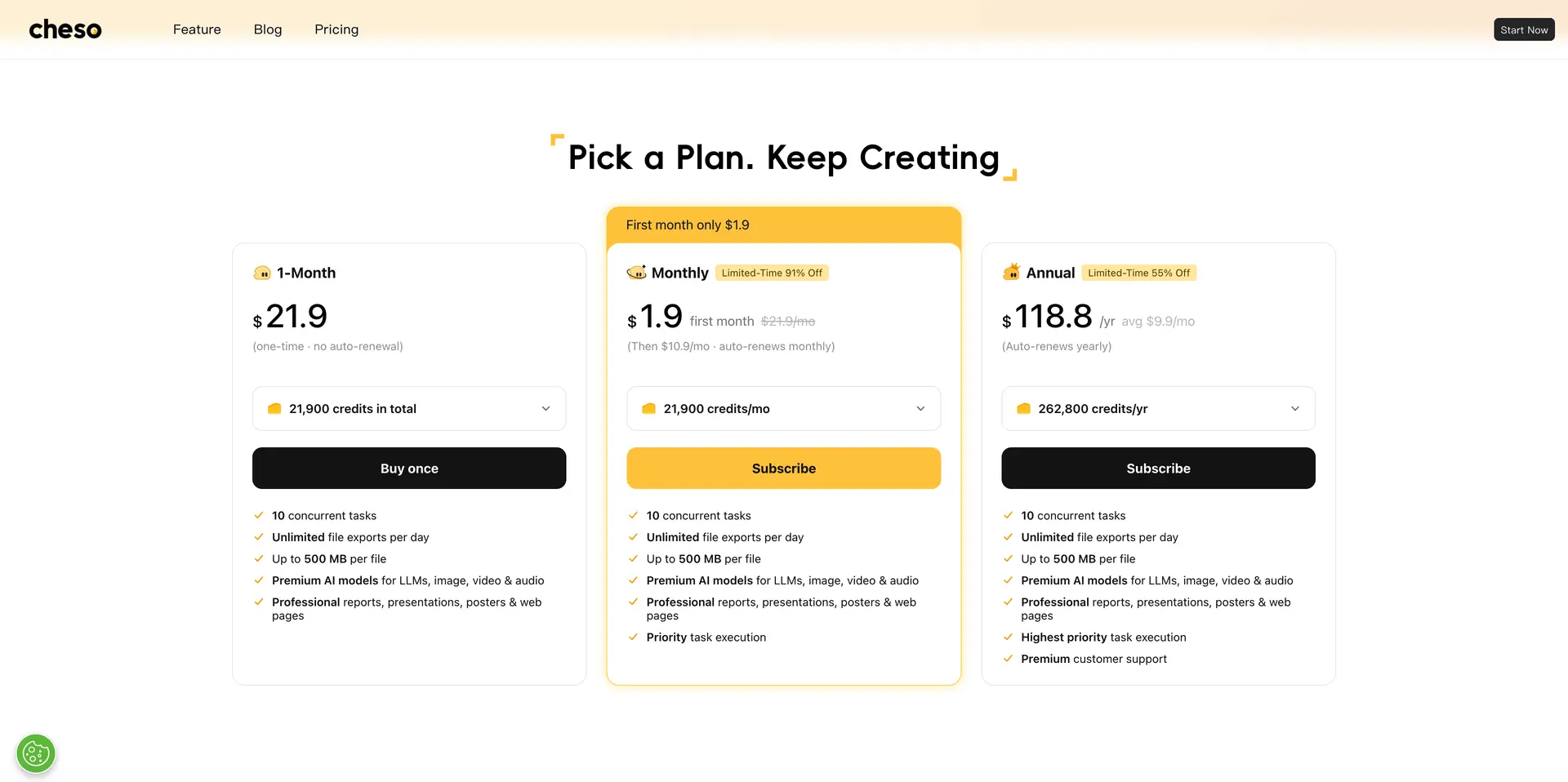 Cheso's pricing page showing a one-month purchase, a monthly subscription, and an annual subscription.