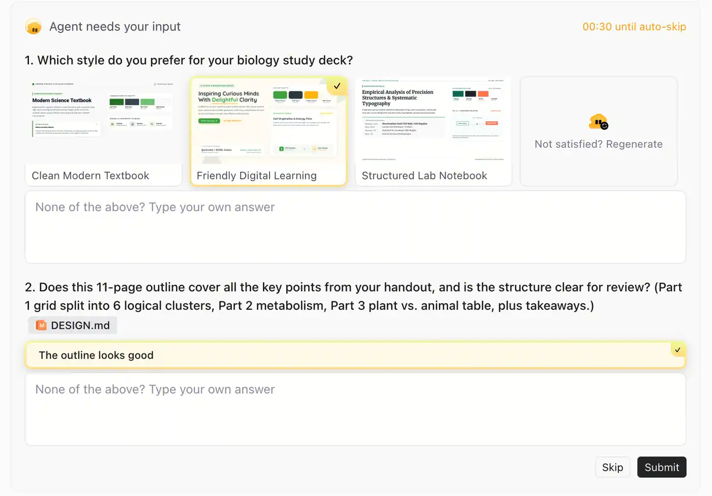 Cheso asks for a biology slide style, with Friendly Digital Learning selected and the lesson outline approved.