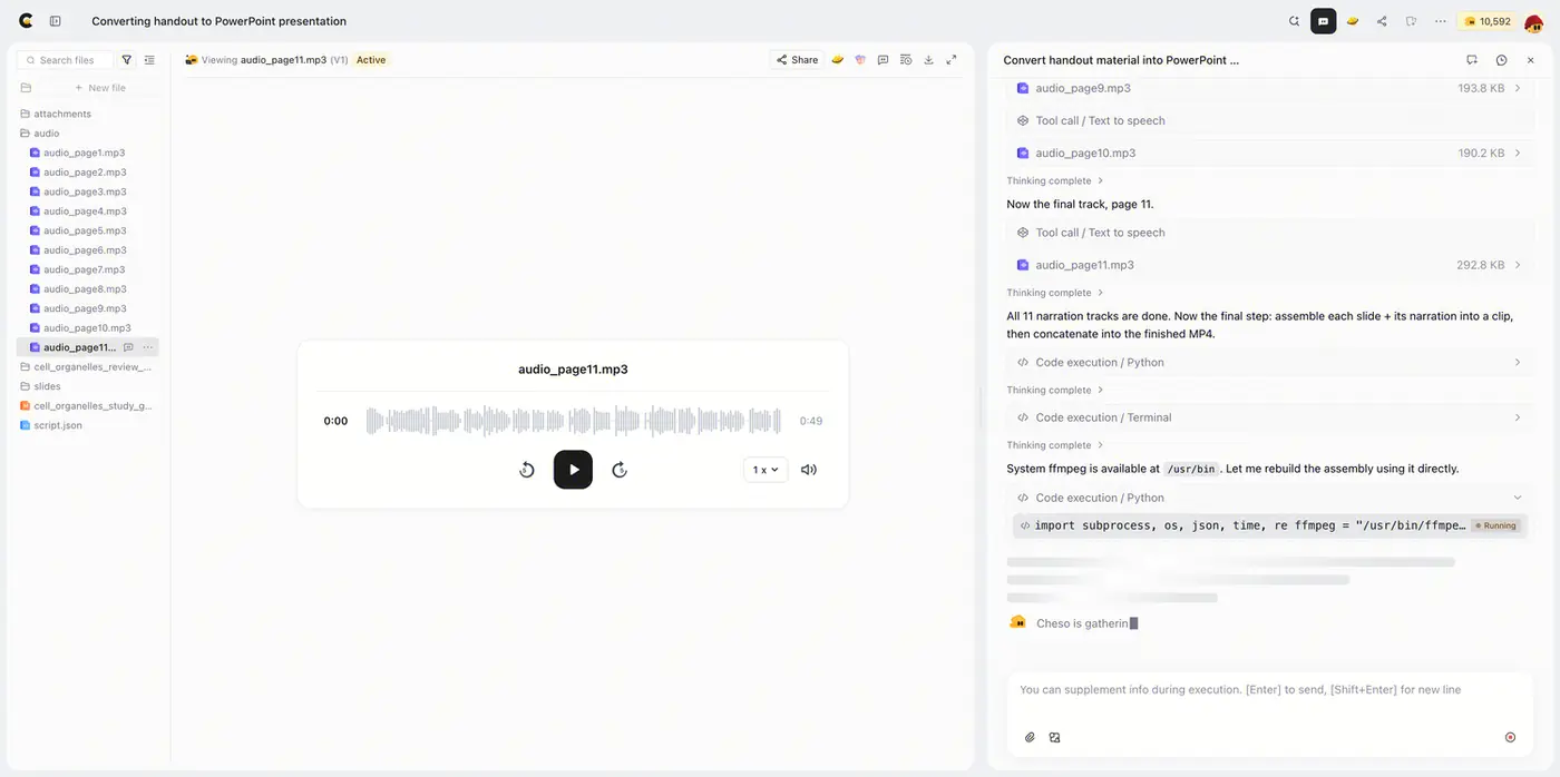 Cheso generates spoken narration for the lesson, with an audio preview and the narration files alongside the conversation.