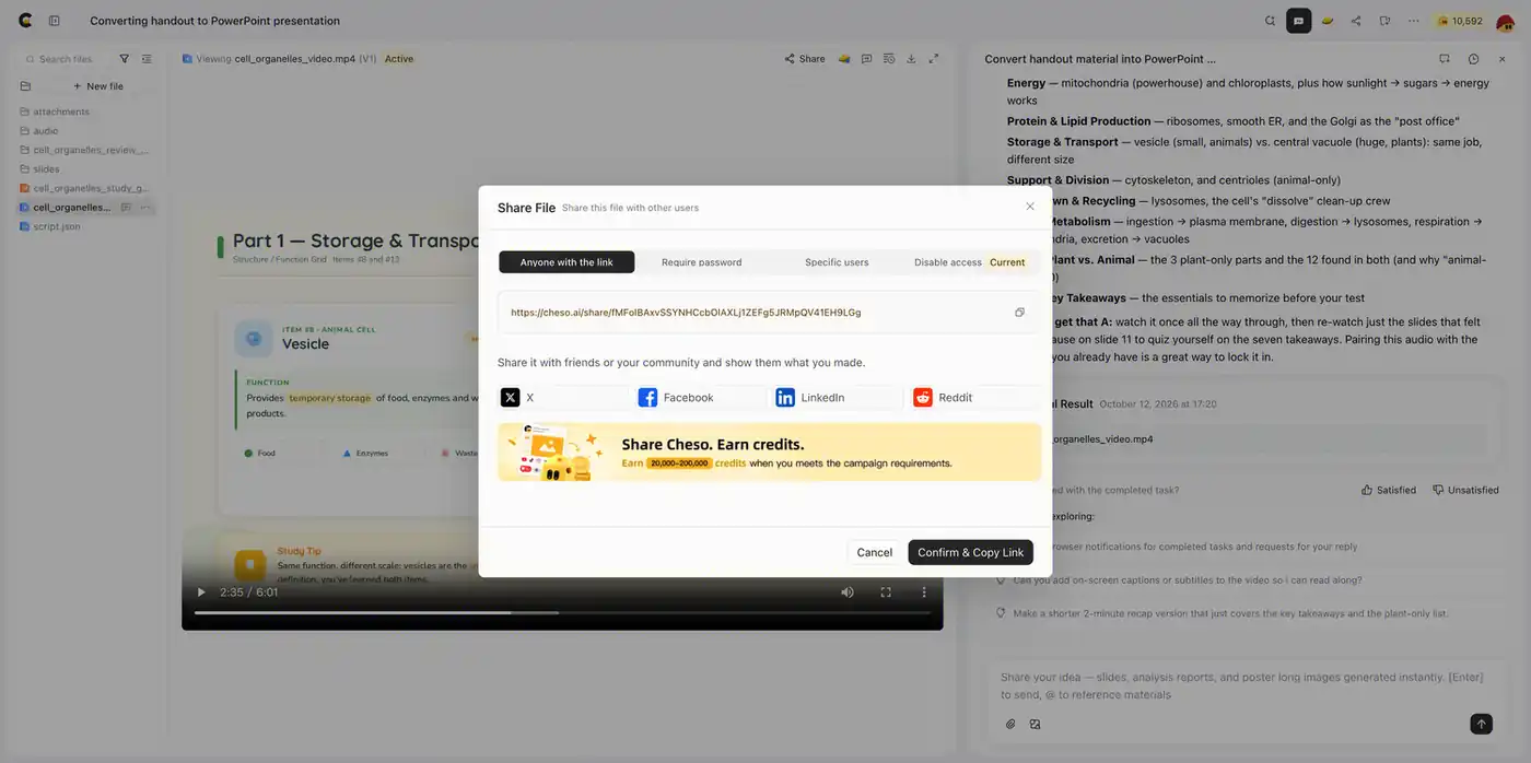 Cheso's Share File dialog for the finished educational video, showing link-sharing options.