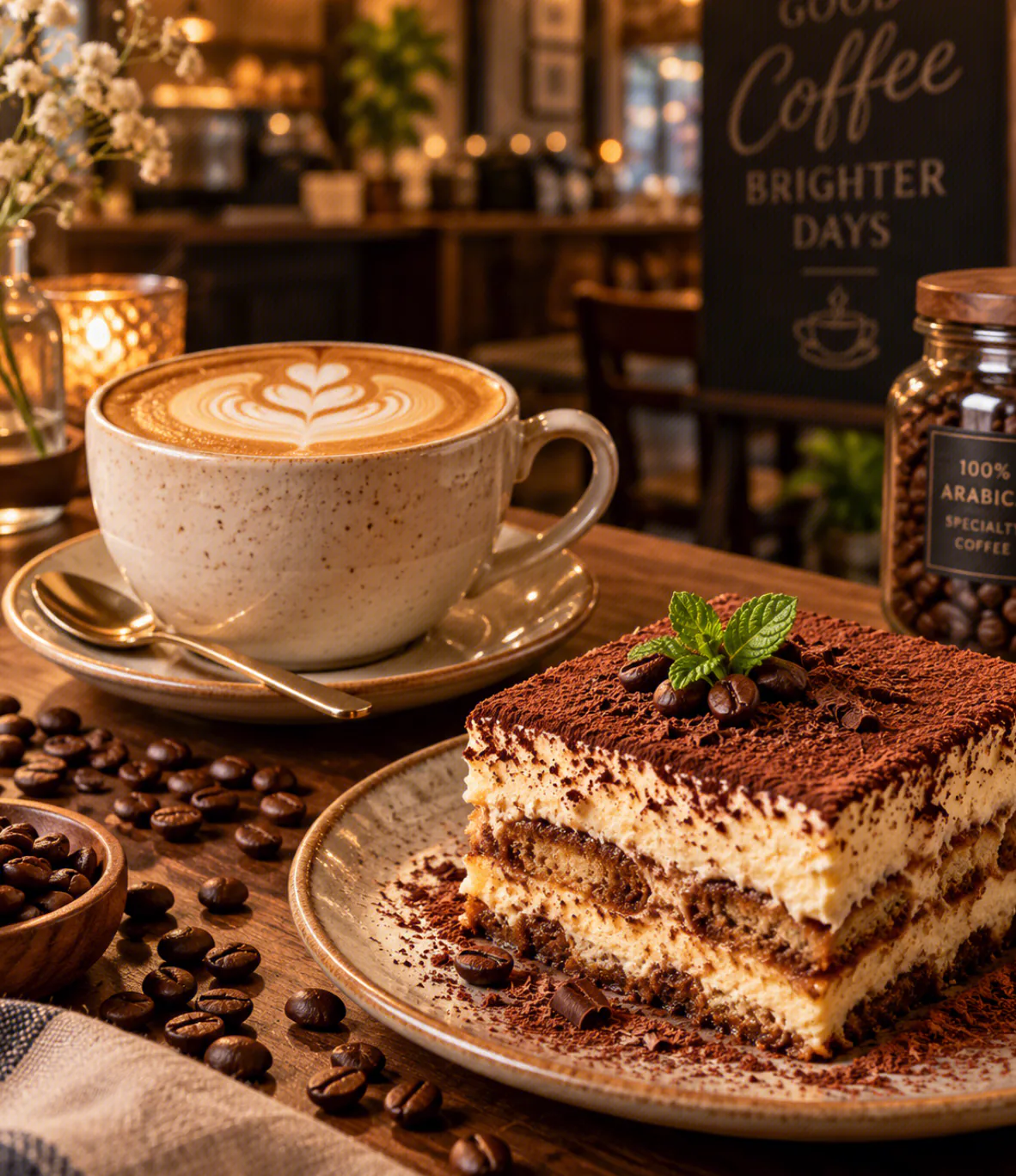 AI-generated coffee shop promotional image with a latte, tiramisu, and scattered coffee beans