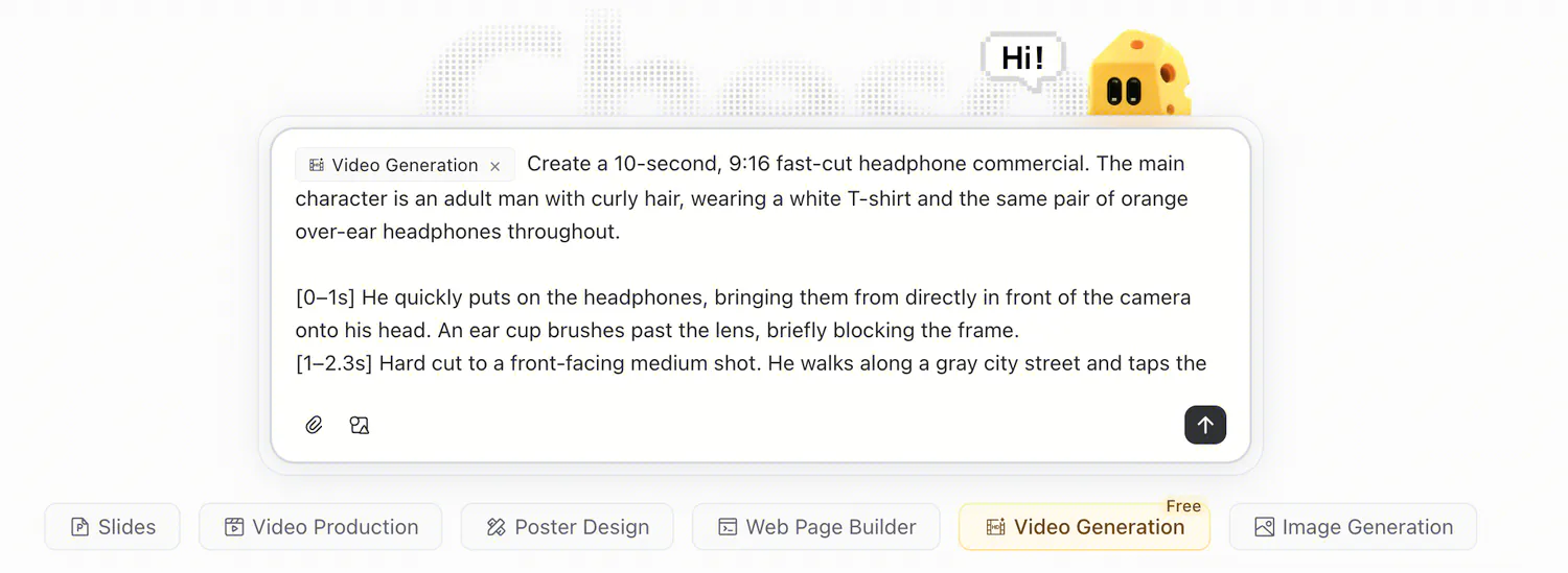 Cheso Video Generation prompt for an orange-headphones commercial with timed scenes