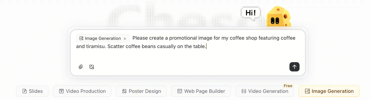 Cheso Image Generation prompt for a coffee shop promotional image featuring coffee and tiramisu