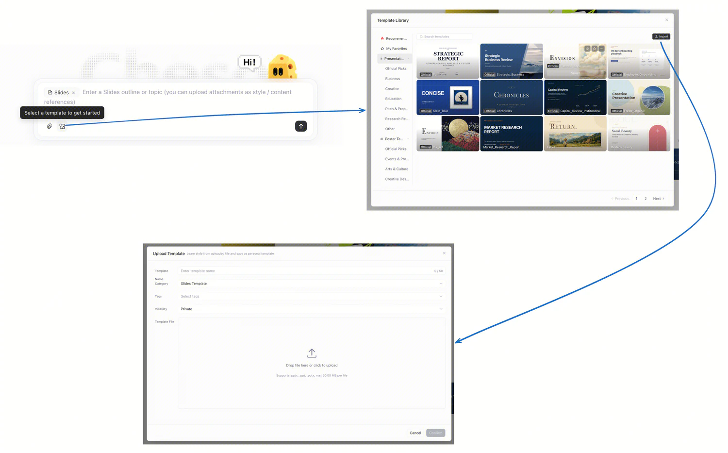 Cheso template library and upload dialog for choosing or importing a presentation template