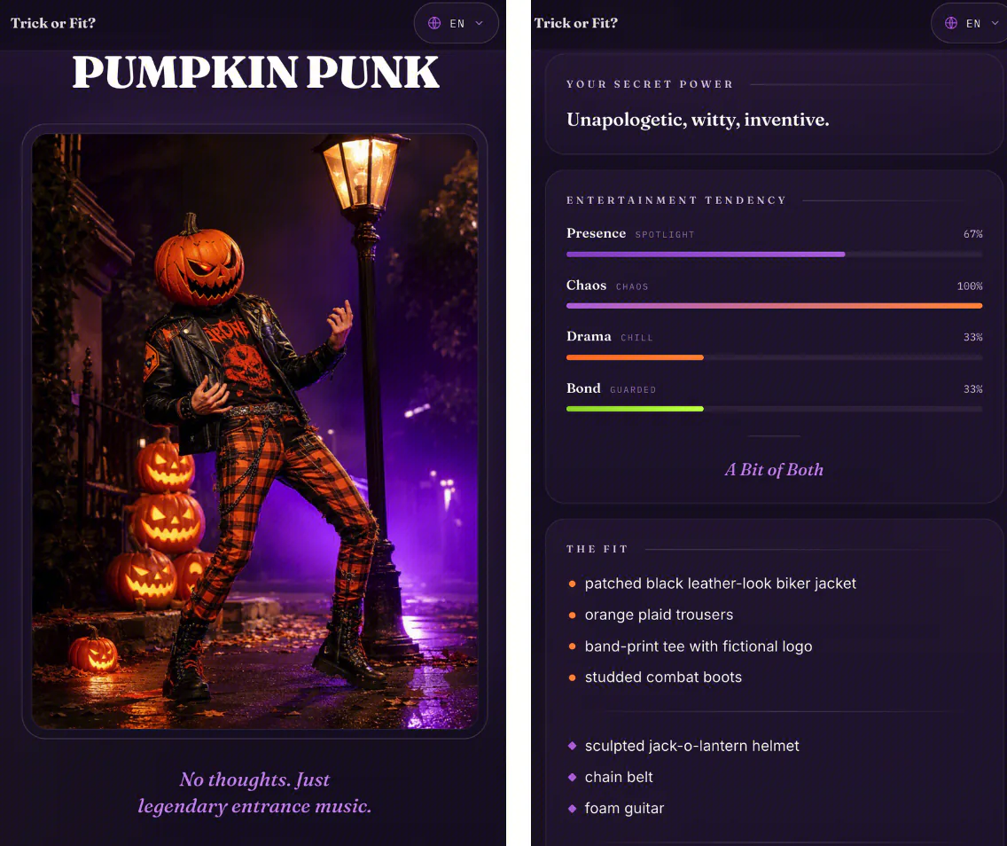Pumpkin Punk Halloween costume quiz result with character artwork, personality traits, and costume suggestions