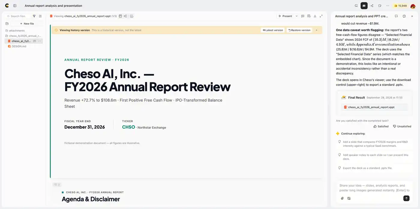 The first draft of a fictional ChesoAI annual-report presentation open in Cheso.
