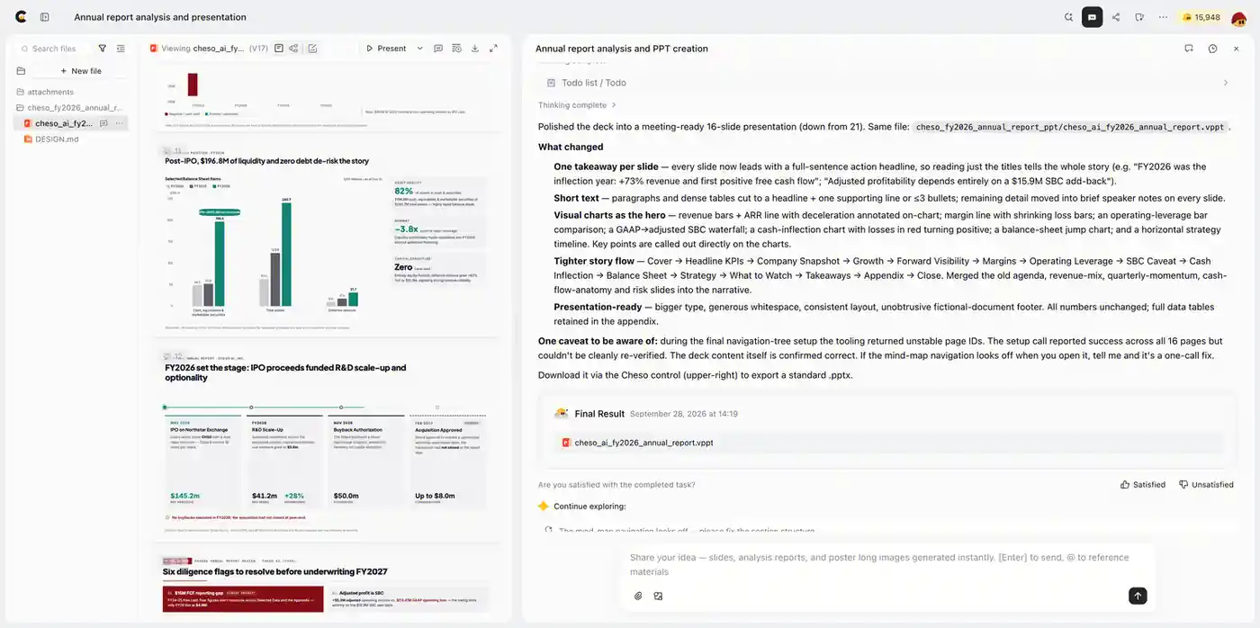 The polished financial presentation in Cheso, showing clearer charts and a summary of the final revisions.
