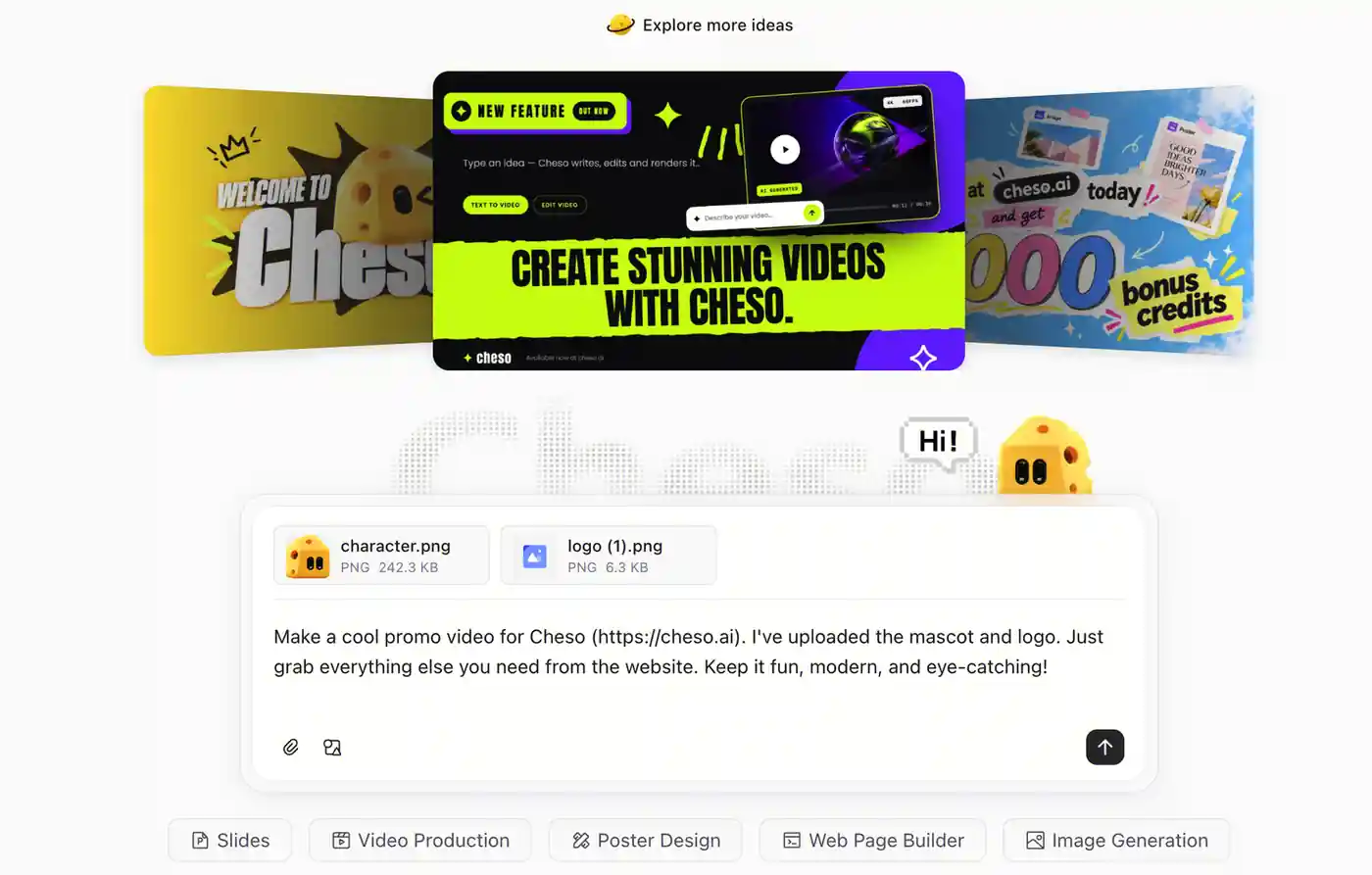 Cheso's video creation brief with uploaded mascot and logo assets, a website URL, and a request for a fun product promo.
