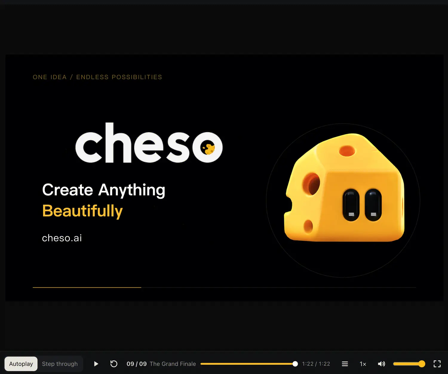The closing scene of the finished Cheso promo, featuring the mascot, logo, Create Anything Beautifully tagline, and website address.