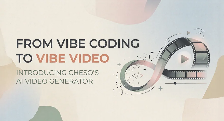From Vibe Coding to Vibe Video: Introducing Cheso's AI Video Generator, illustrated with code symbols merging into a looping filmstrip on a soft pastel background.