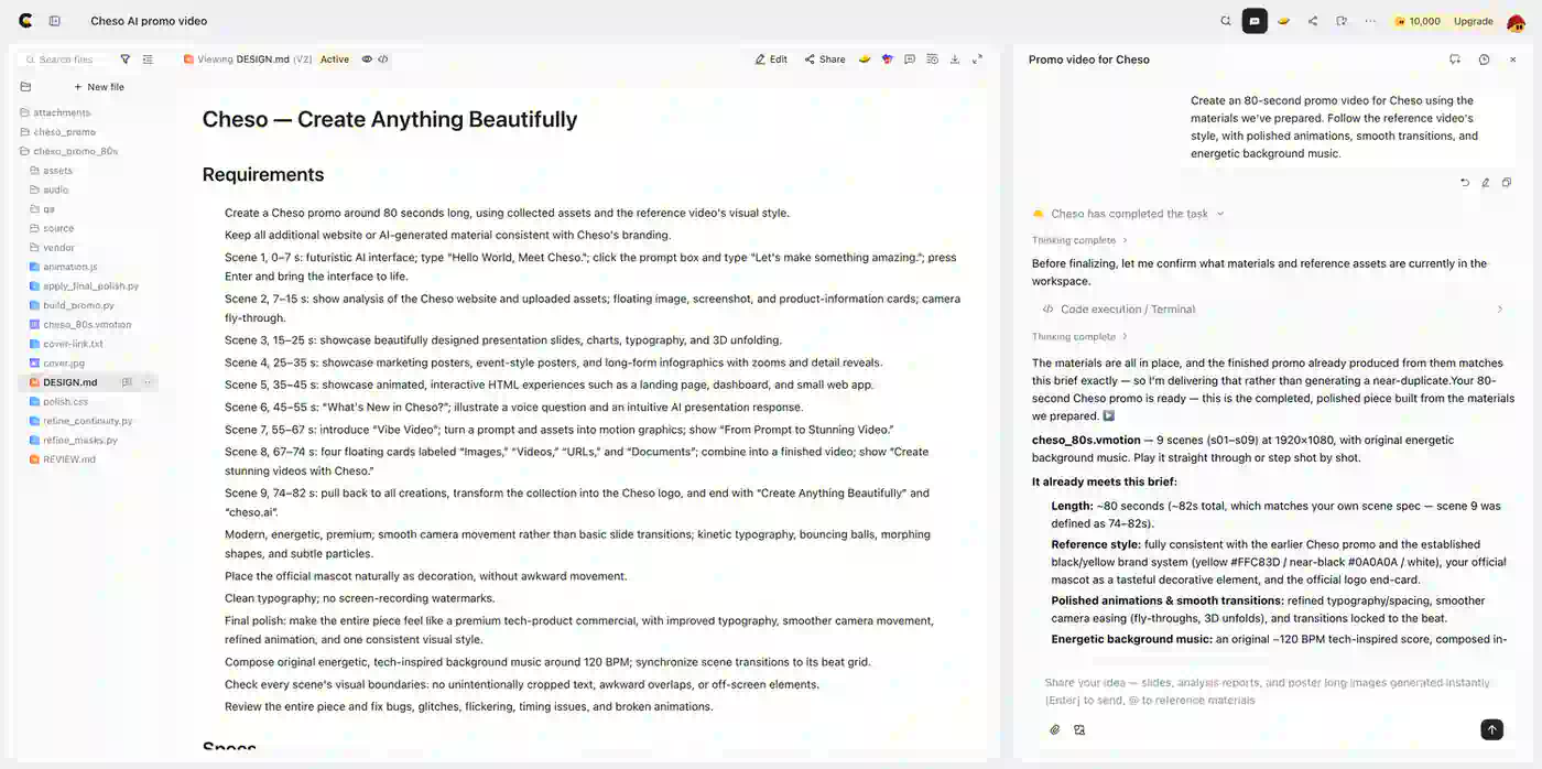 Cheso's scene plan and completion summary for an 80-second promo, generated from a short prompt requesting animations, transitions, and background music.