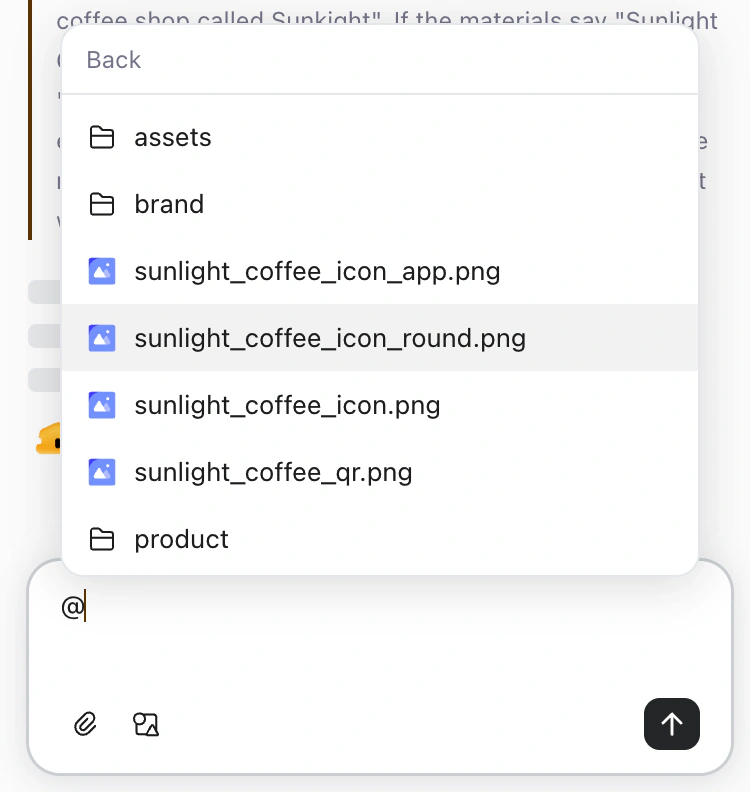The @ file picker in Cheso, showing uploaded café brand assets.