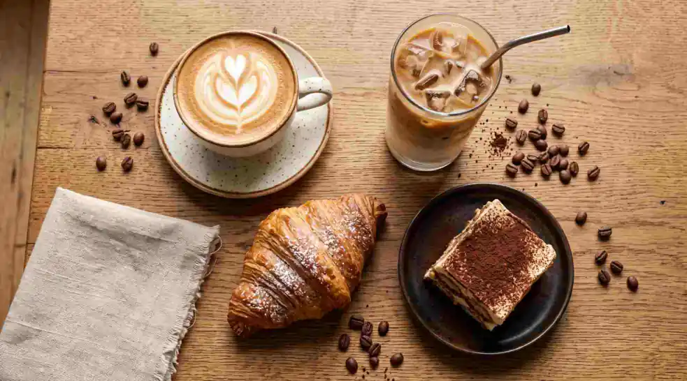 Coffee, a croissant, and tiramisu from the café's source materials.