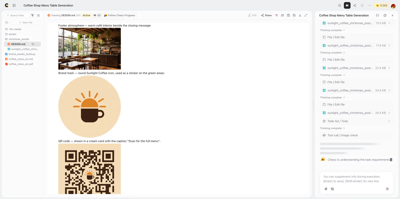 The design document mapping café photography, the brand icon, and the QR code to the poster.