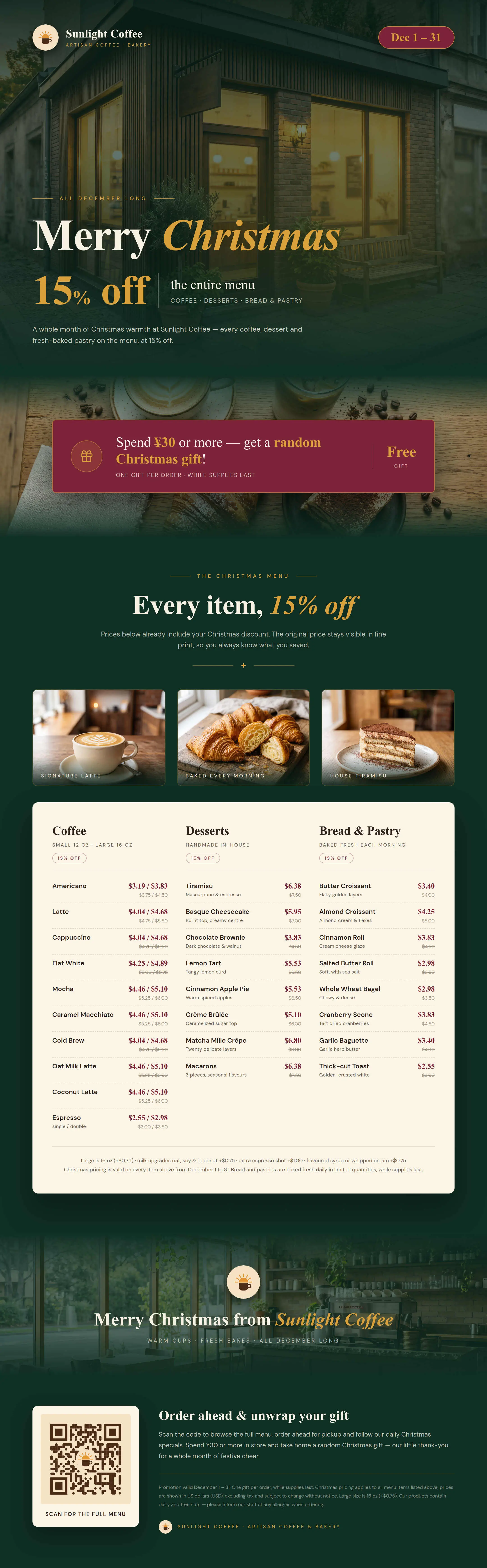 The full Sunlight Coffee Christmas promotion poster, including the offer, discounted menu, café photography, and QR section.