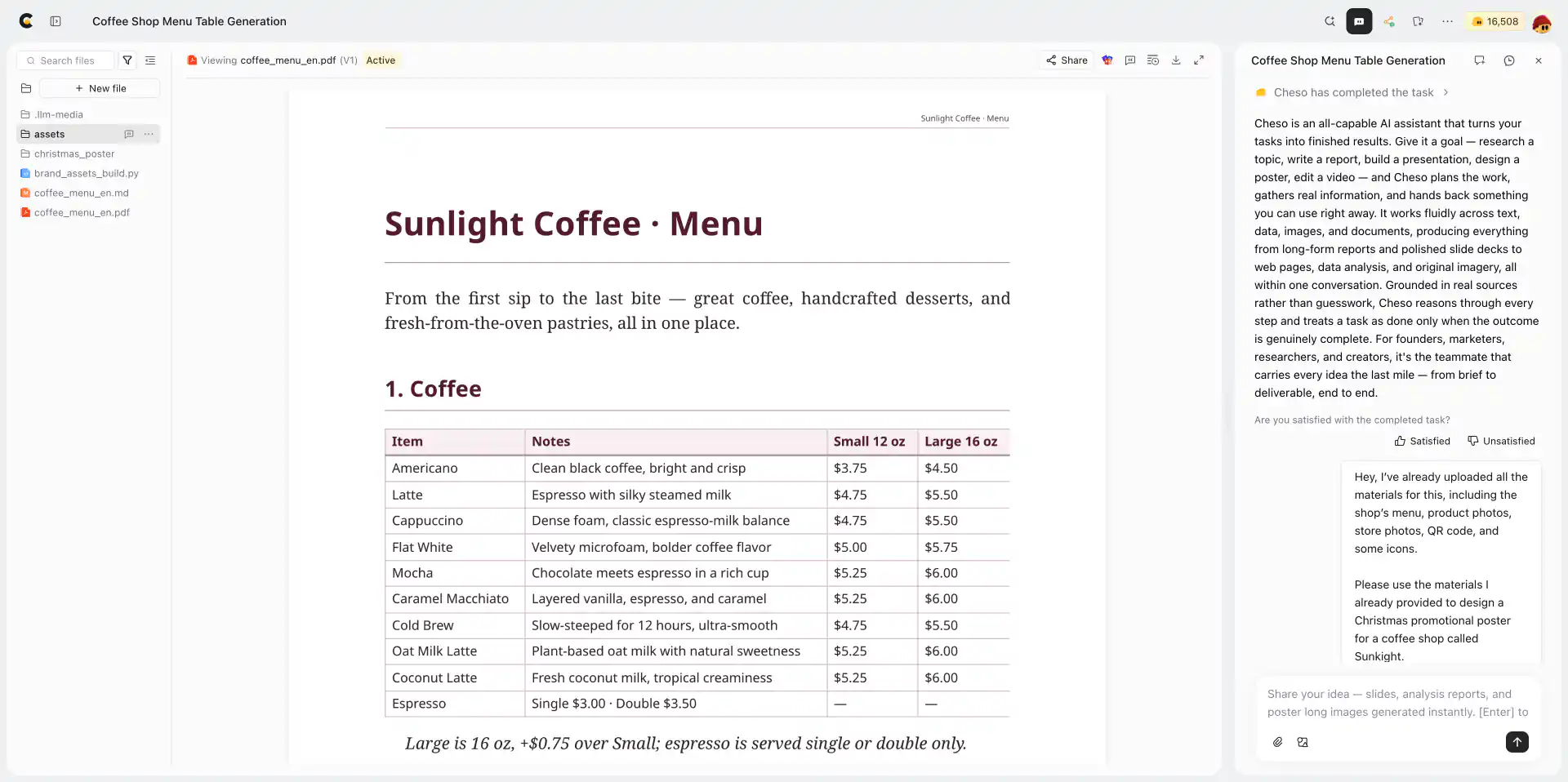 The uploaded café menu and source files in Cheso, with the request in the chat panel.