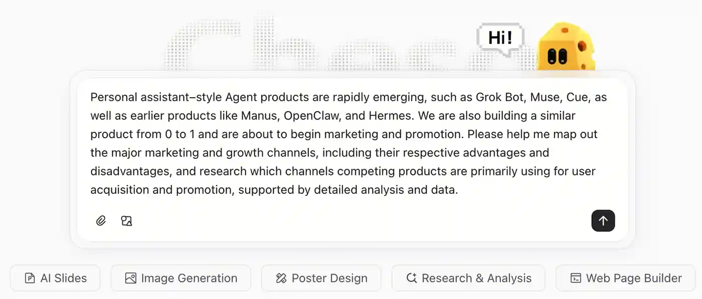 A research brief in Cheso asking for marketing and growth-channel analysis for personal-assistant AI agents.