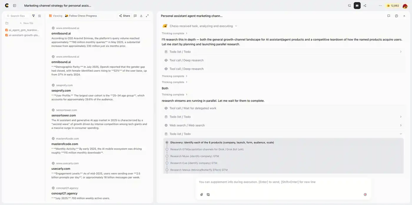 Cheso gathers web sources and organizes the AI-agent growth-channel research into a visible task plan.