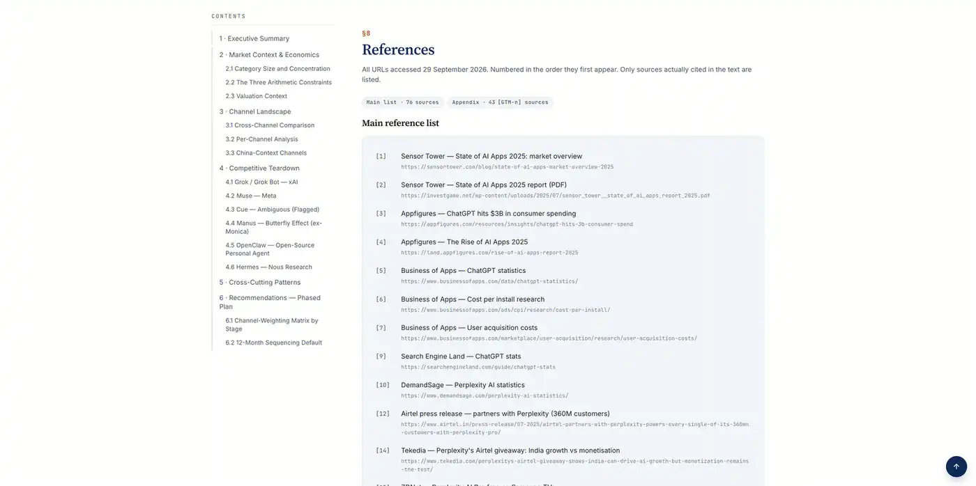 The HTML report's references section, with numbered sources and links alongside the contents sidebar.