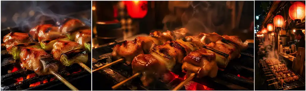 AI-generated yakitori skewers over charcoal grills and a lantern-lit Japanese food stall.