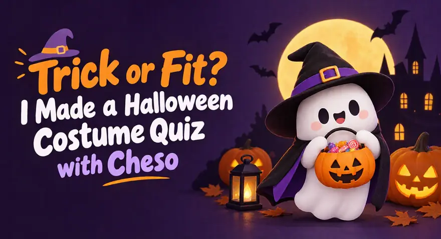 Trick or Fit? I Made a Halloween Costume Quiz with Cheso, with a smiling ghost in a witch hat, pumpkins, and a moonlit haunted castle.
