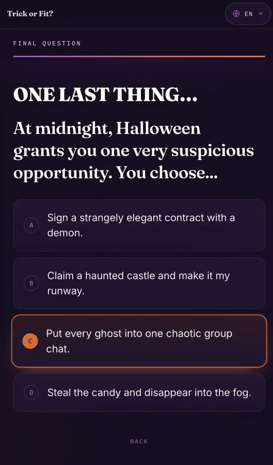 The final Halloween question, with “Put every ghost into one chaotic group chat” selected