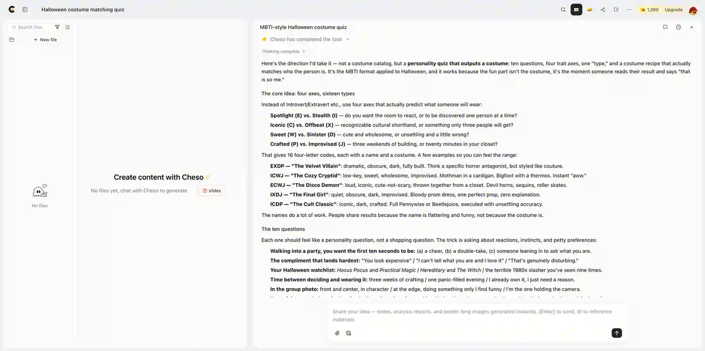 Cheso proposes a personality-style Halloween quiz with costume archetypes and sample questions