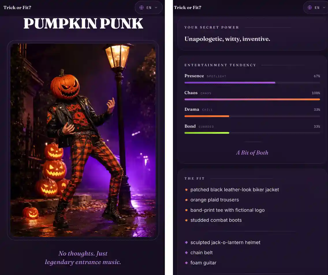 The Pumpkin Punk result, showing the costume illustration, personality description, and outfit suggestions